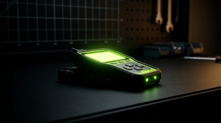 OBD-II scan tool glowing acid-green on a dark workshop bench
