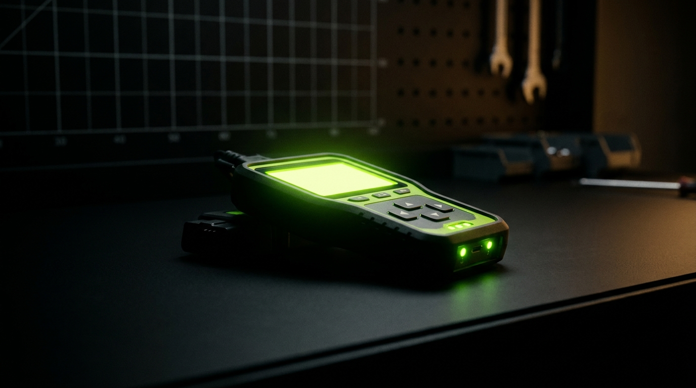 OBD-II scan tool glowing acid-green on a dark workshop bench